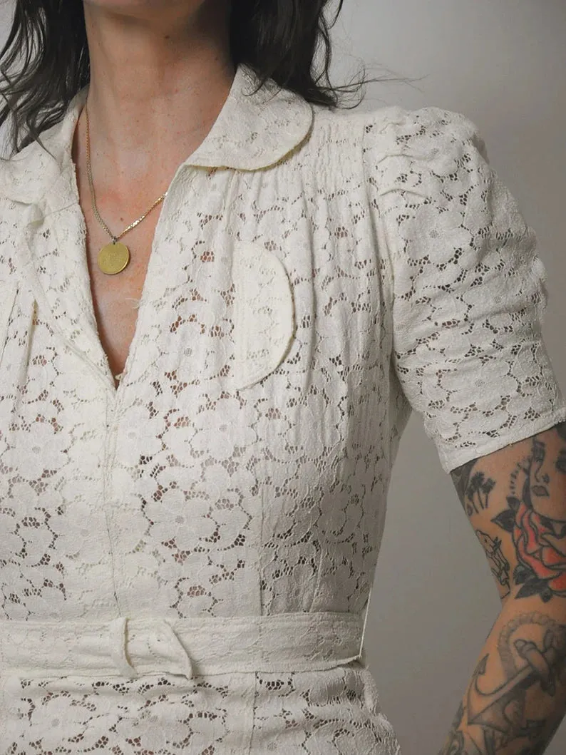 1930's Ivory Floral Lace Dress