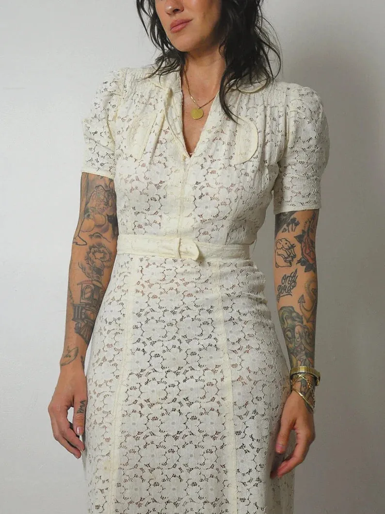 1930's Ivory Floral Lace Dress