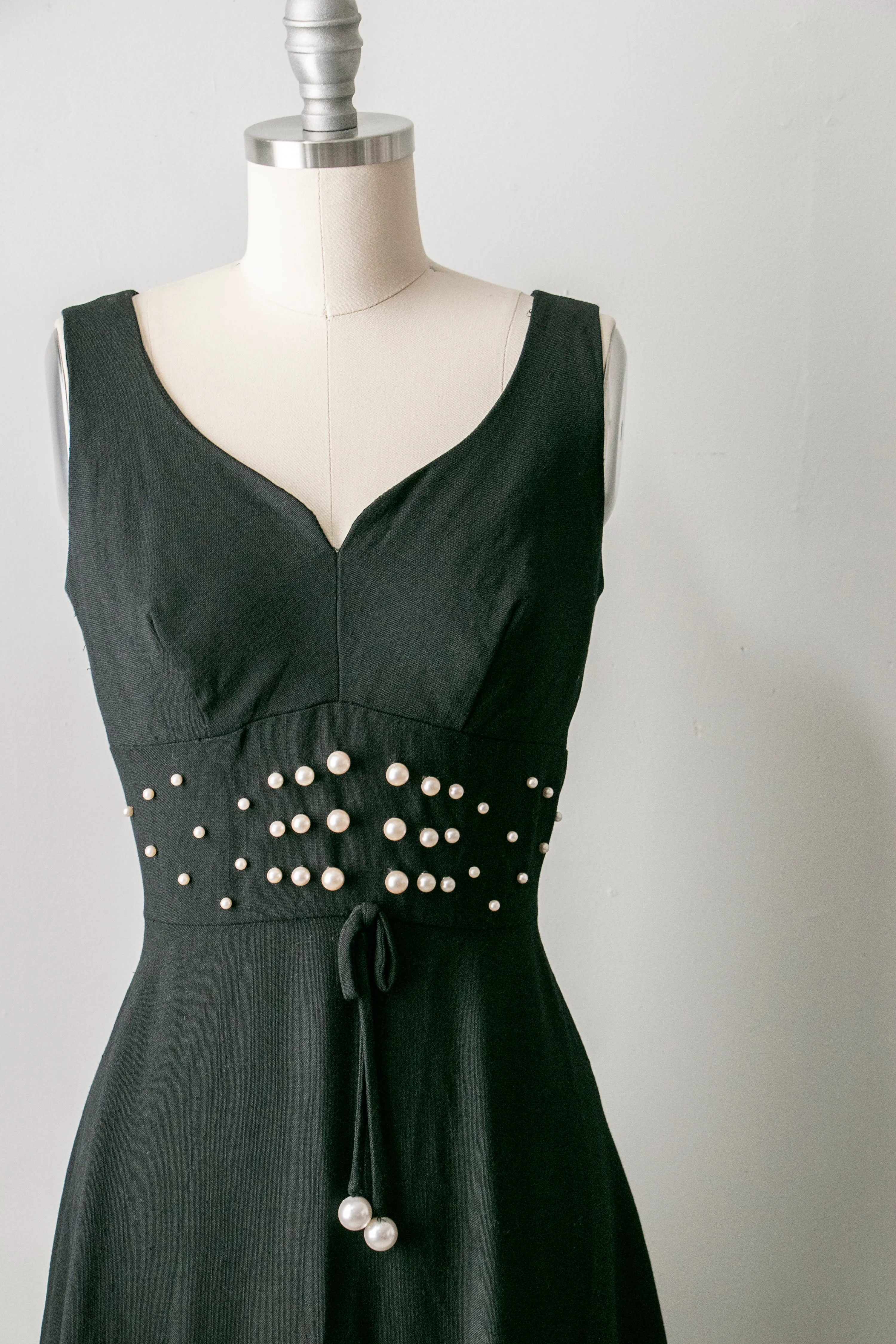 1960s Dress Black Linen Beaded XS