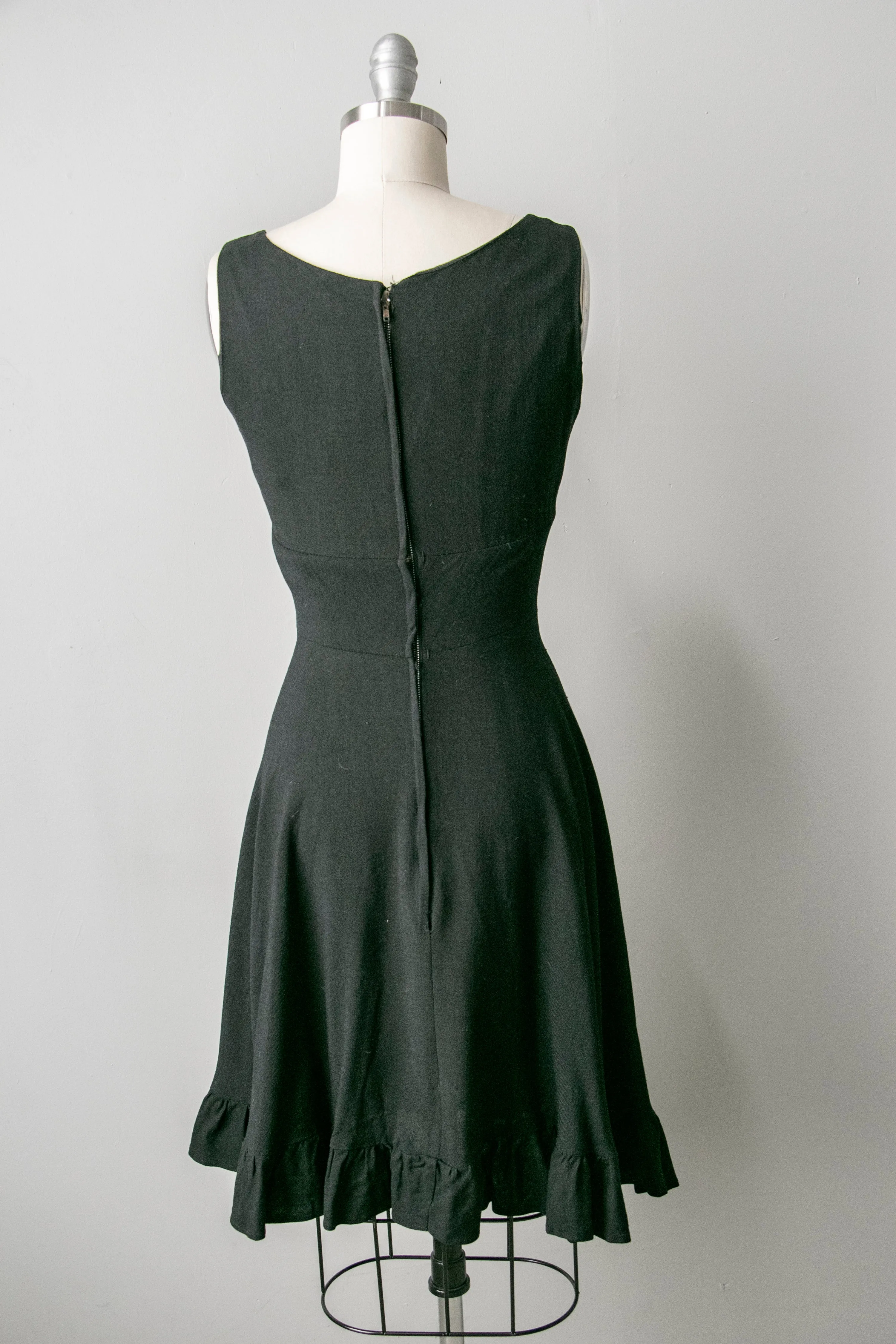 1960s Dress Black Linen Beaded XS