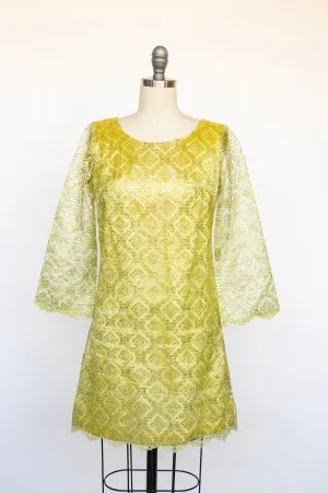 1960s Dress Metallic Mod Mini Gold Yellow Lace S / XS