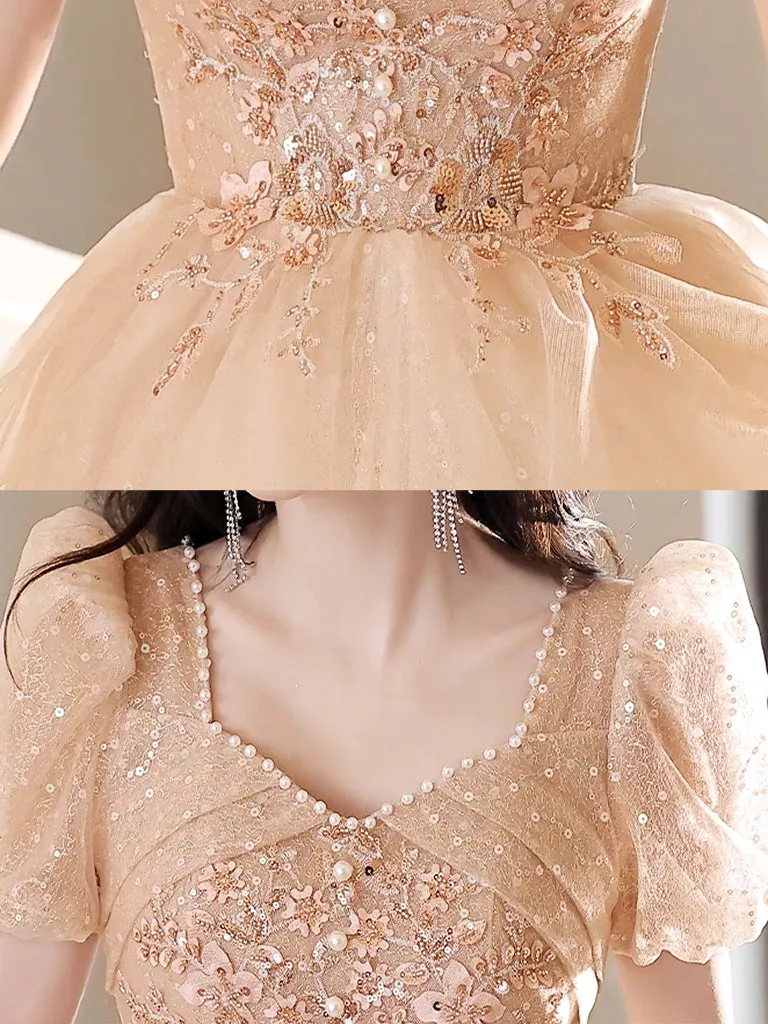 A-Line Champagne Tulle Lace Long Prom Dress, Champagne Long Formal Dress