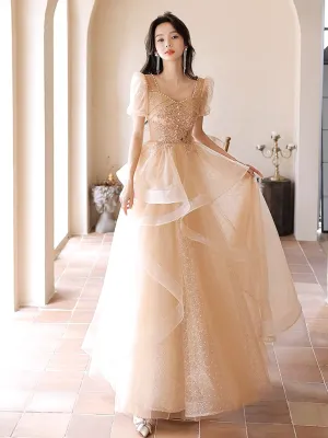 A-Line Champagne Tulle Lace Long Prom Dress, Champagne Long Formal Dress