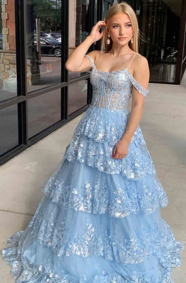 A-Line Cold Shoulder Light Blue Sequin Ruffle Tiered Prom Dress PC1307