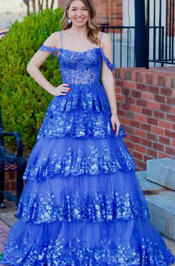 A-Line Cold Shoulder Light Blue Sequin Ruffle Tiered Prom Dress PC1307