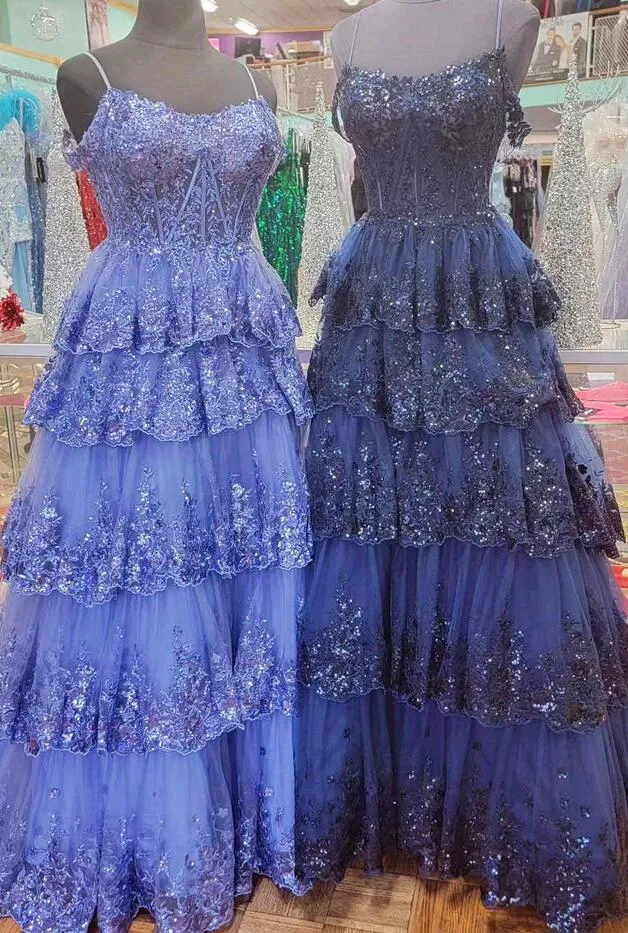 A-Line Cold Shoulder Light Blue Sequin Ruffle Tiered Prom Dress PC1307