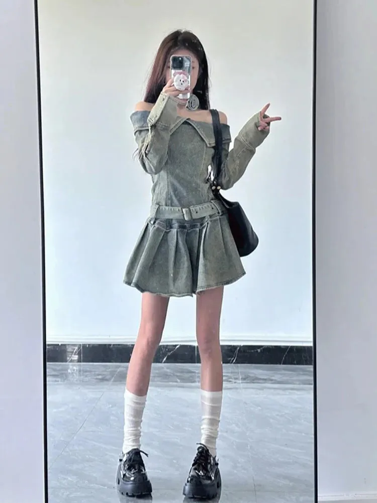 American Vintage Chic Slash Neck Long Sleeved Female Mini Dress Spring Basic Washed Fashion Denim Casual Simple Women Sexy Dress