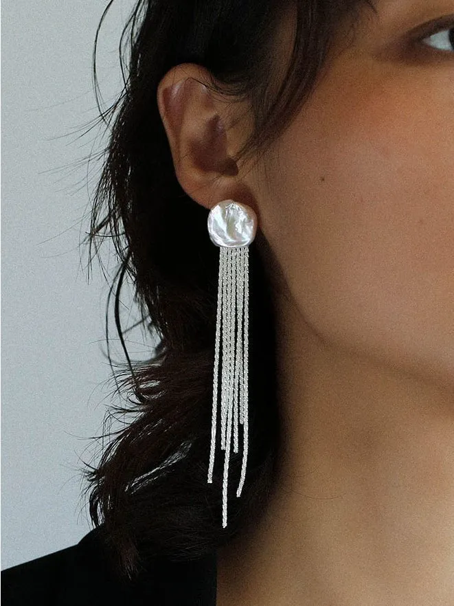 Anemone Chain Silver Tassel Petal Baroque Pearls Earrings