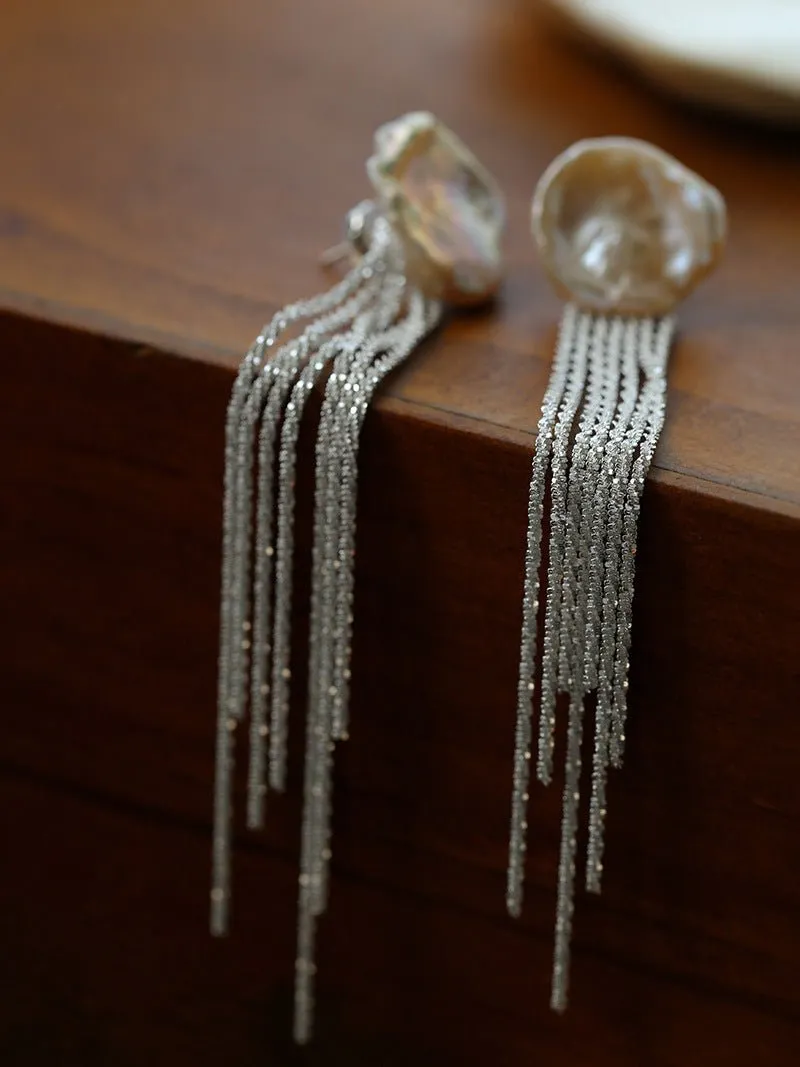 Anemone Chain Silver Tassel Petal Baroque Pearls Earrings