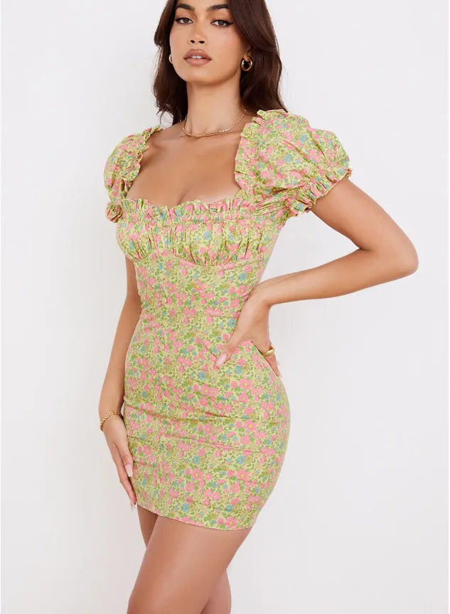 BerryBetty - Bohemian Sweet Ruffle Lace Up Slash Neck Print Puff Sleeves Frills A-Line Floral Mini Dress