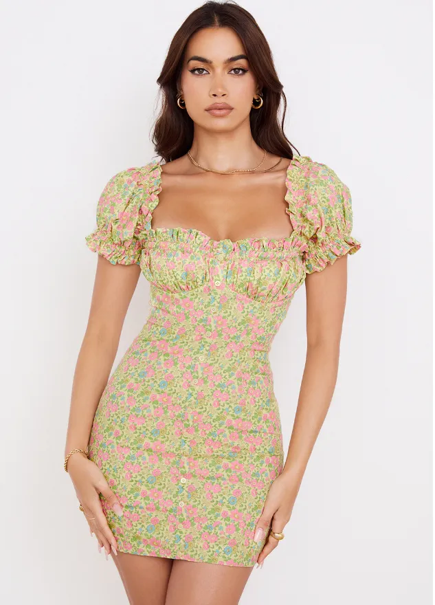 BerryBetty - Bohemian Sweet Ruffle Lace Up Slash Neck Print Puff Sleeves Frills A-Line Floral Mini Dress