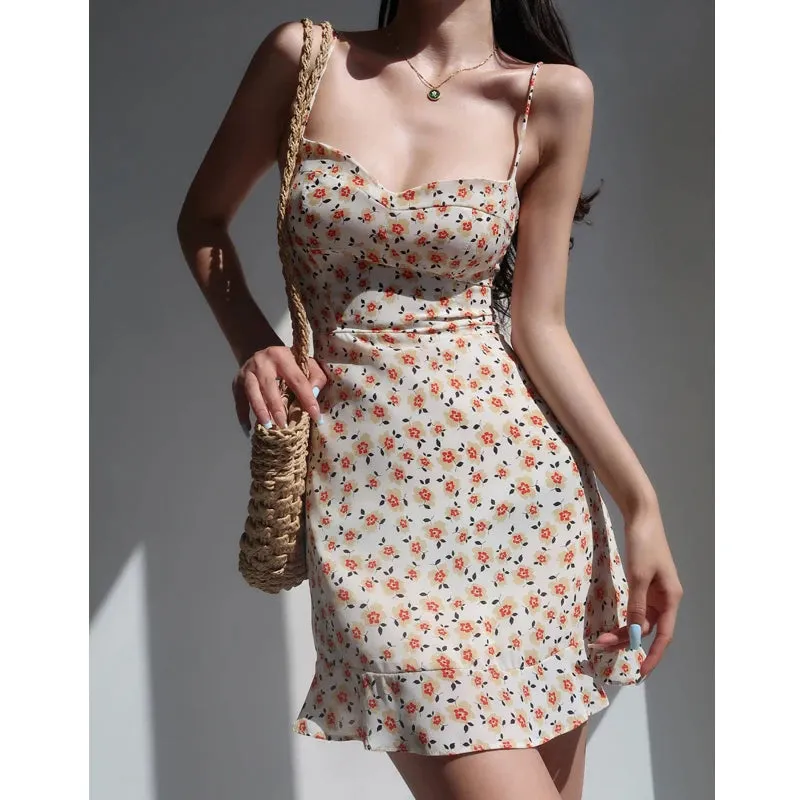 Chic Floral Printed Suspenders Dress 2024 Summer Women Sexy Backless Lace-up Slim Casual Dress