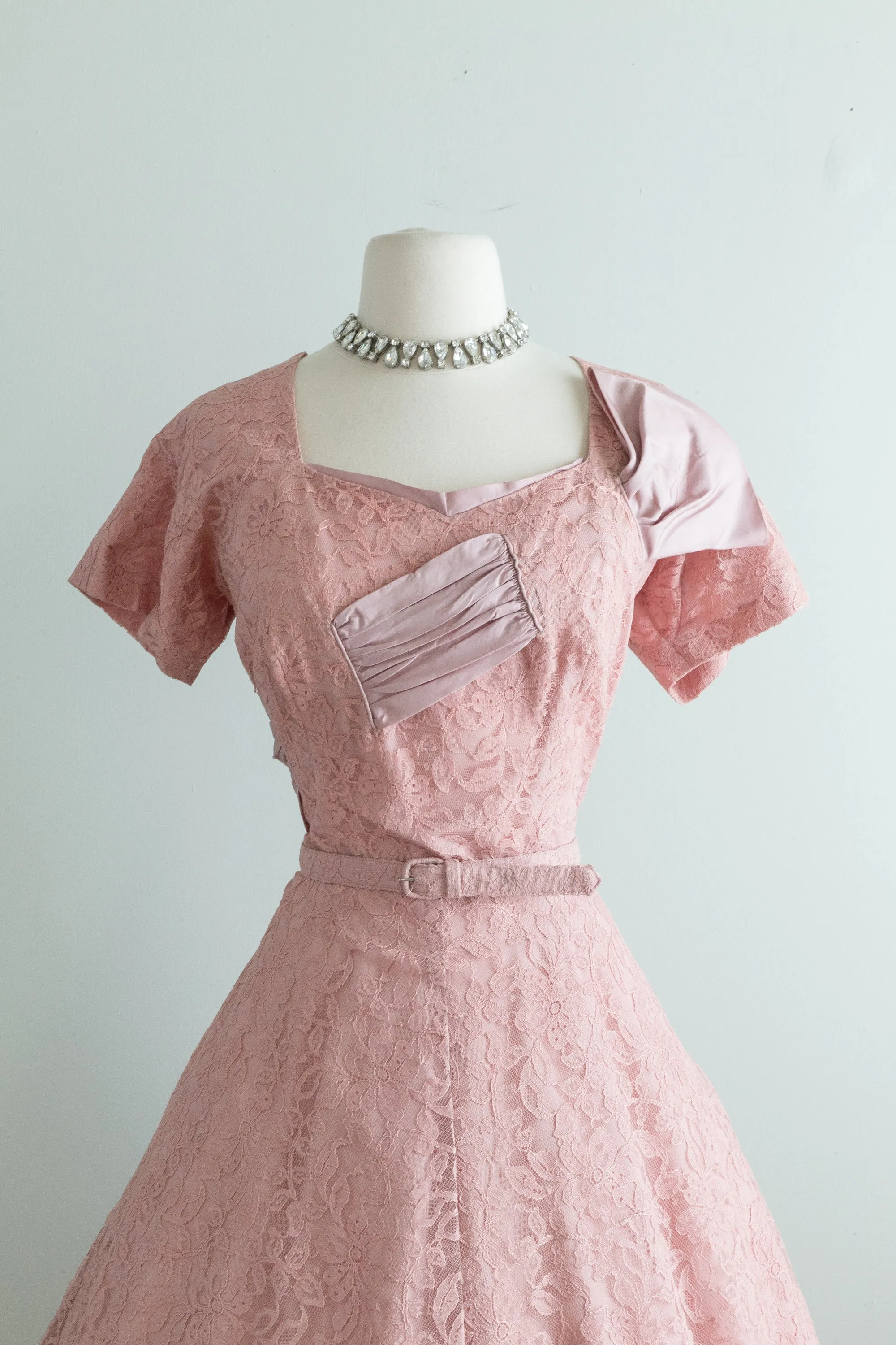 Classic 1950's Rose Pink Lace Cocktail Dress By DuBerry / Large