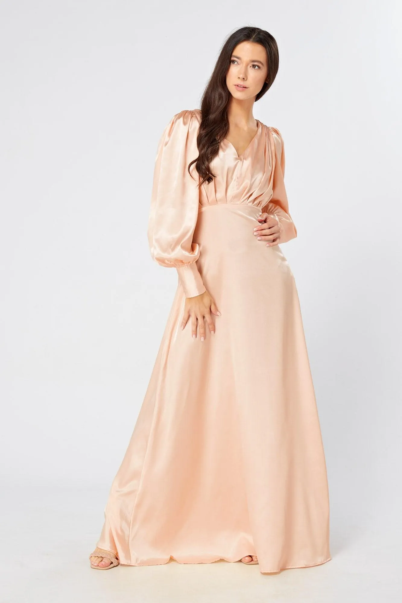 Daphne Peach Cream Satin Maxi Gown with long sleeves