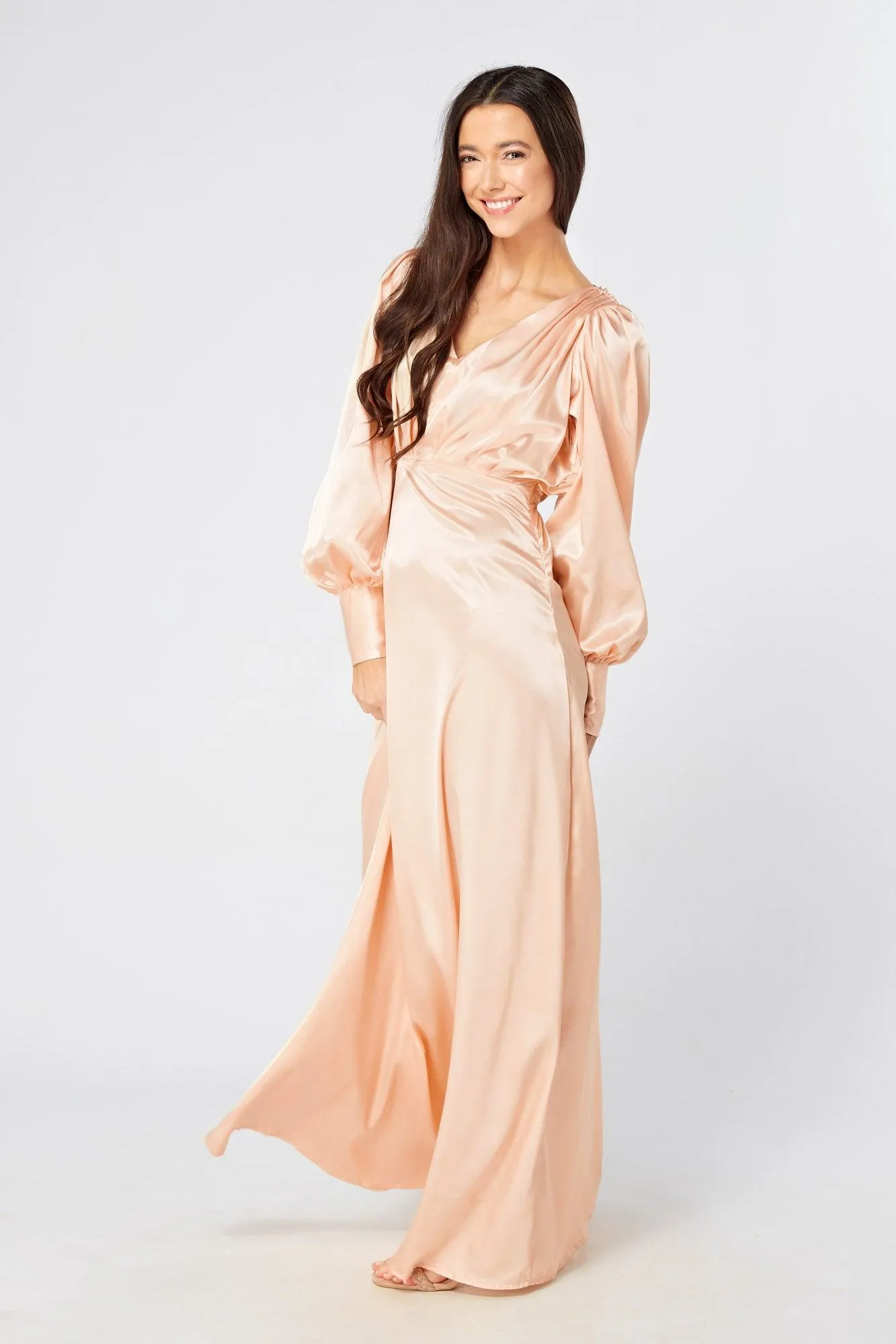 Daphne Peach Cream Satin Maxi Gown with long sleeves