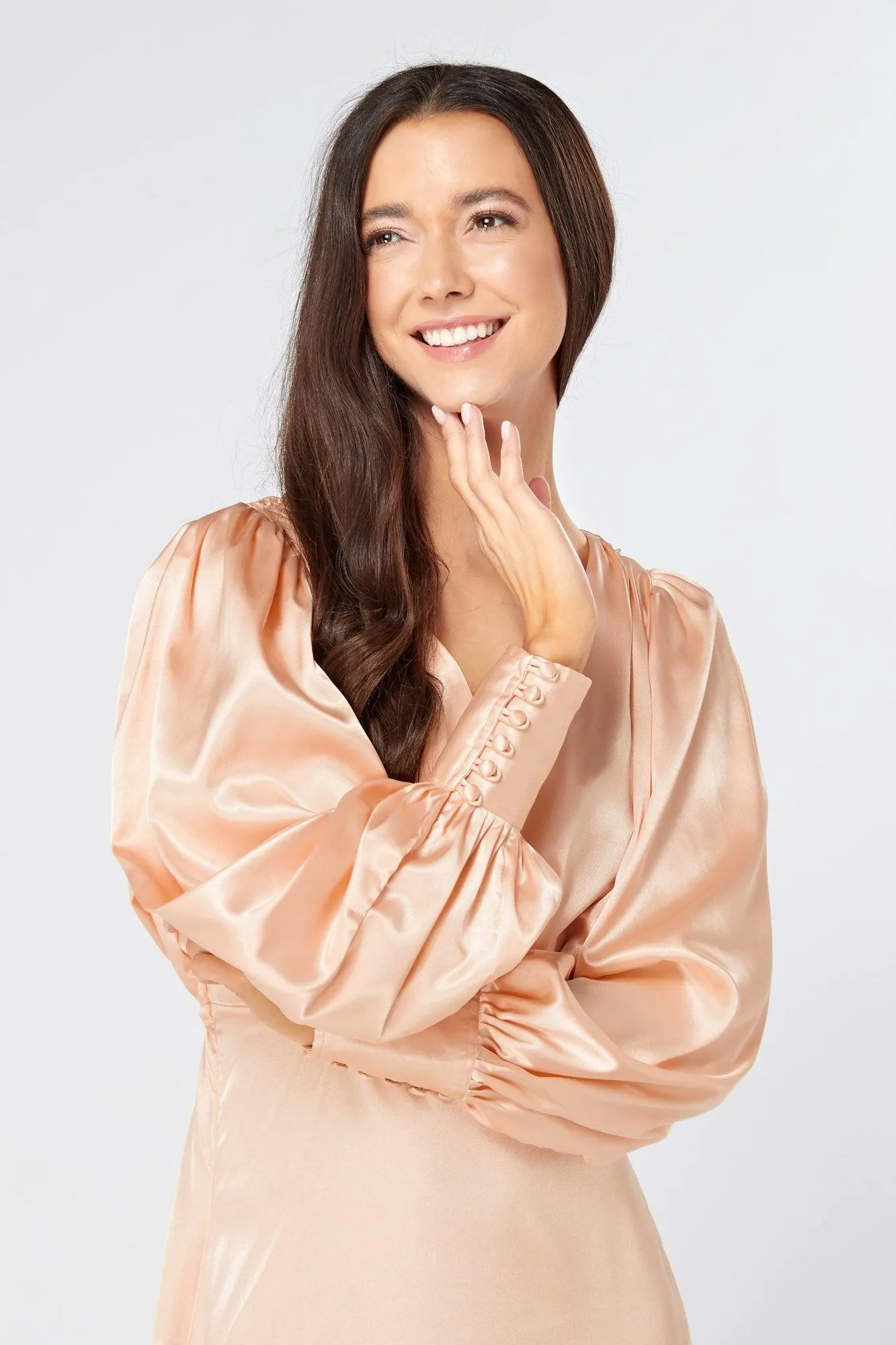 Daphne Peach Cream Satin Maxi Gown with long sleeves