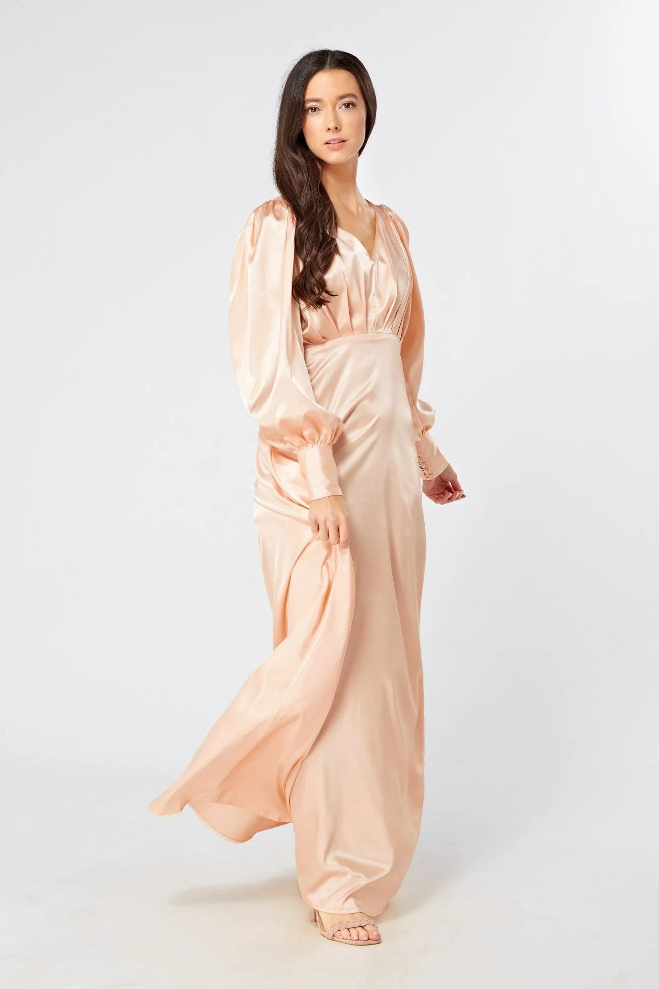 Daphne Peach Cream Satin Maxi Gown with long sleeves