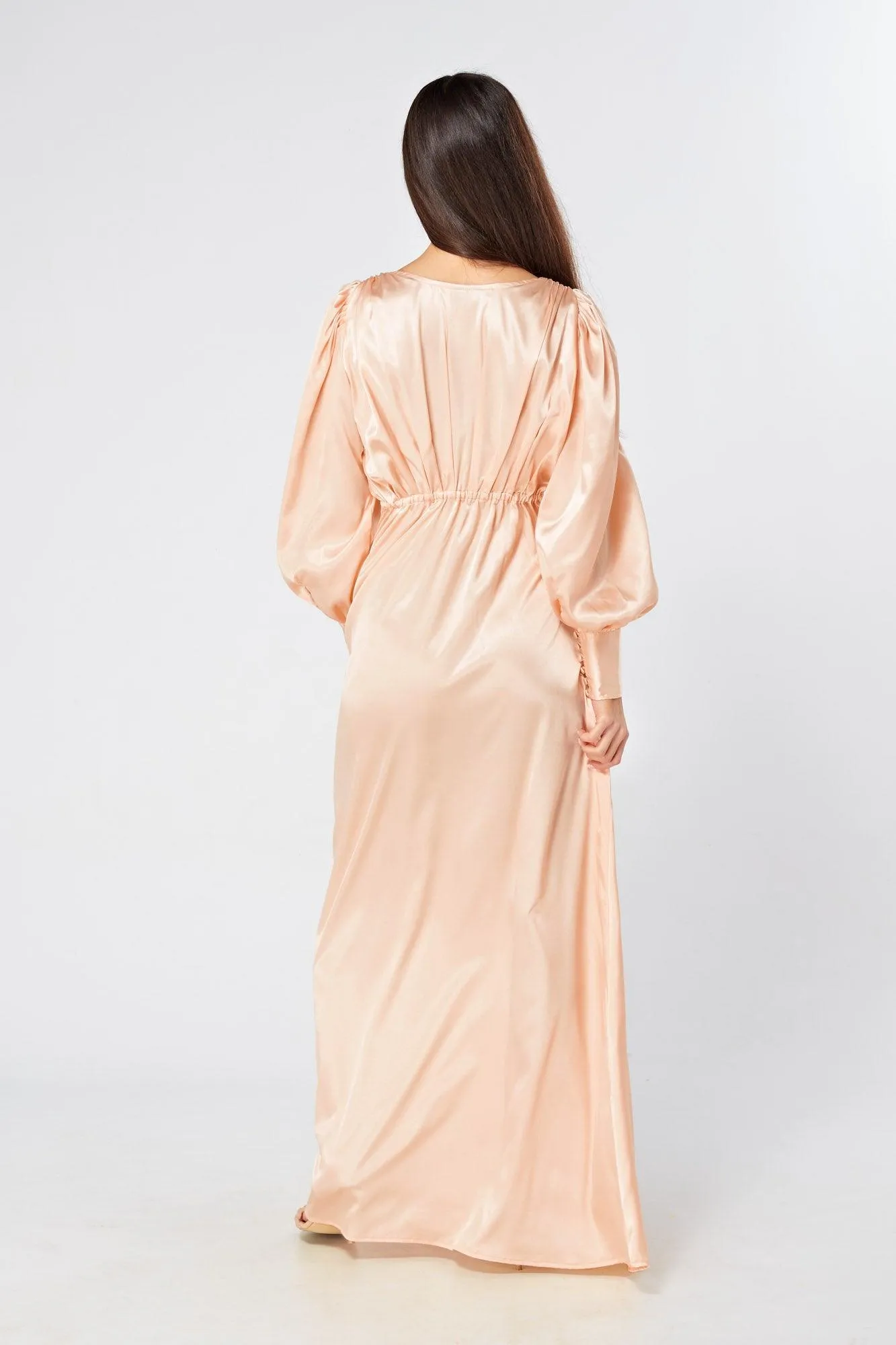 Daphne Peach Cream Satin Maxi Gown with long sleeves