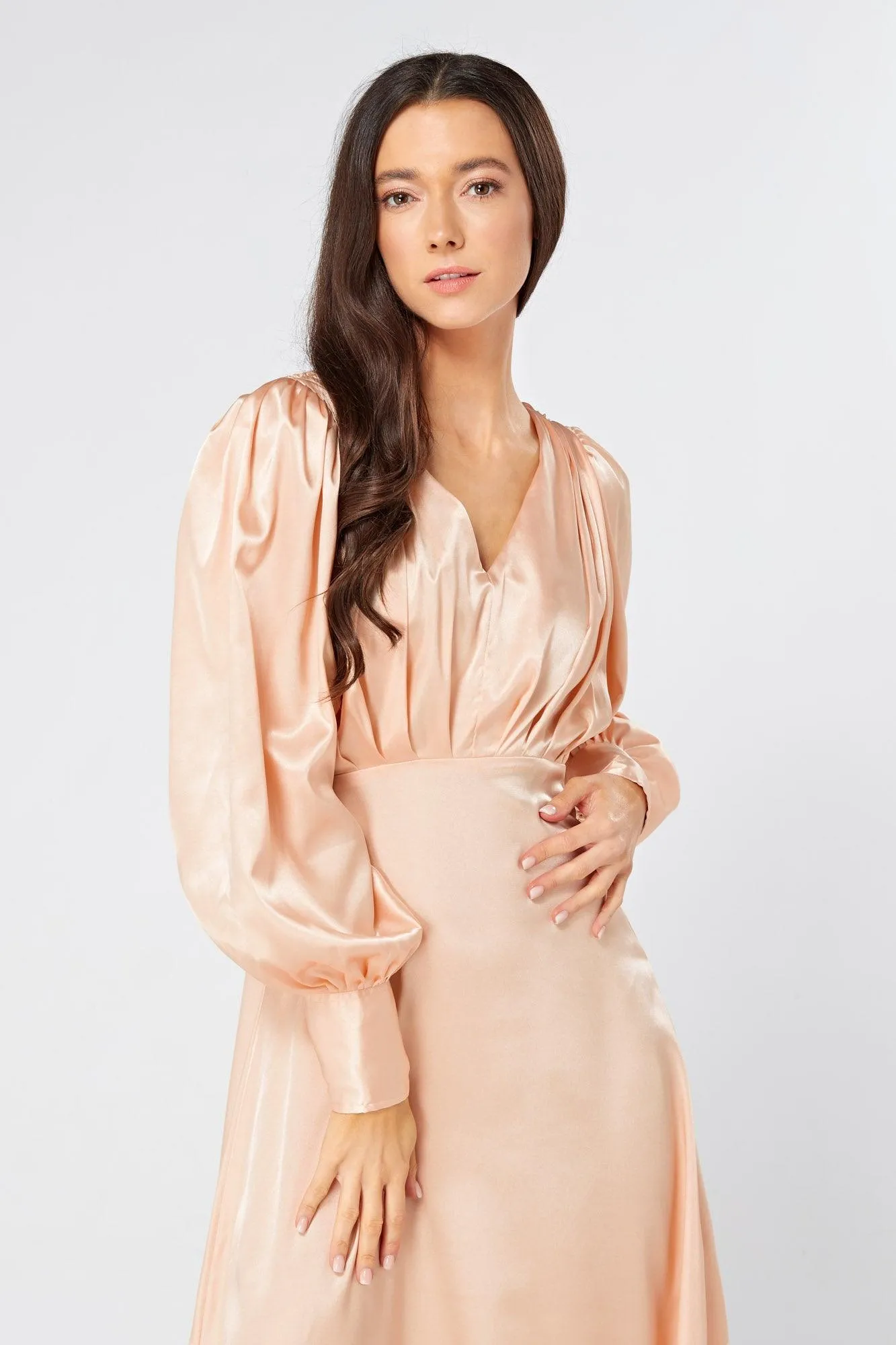 Daphne Peach Cream Satin Maxi Gown with long sleeves