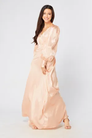 Daphne Peach Cream Satin Maxi Gown with long sleeves