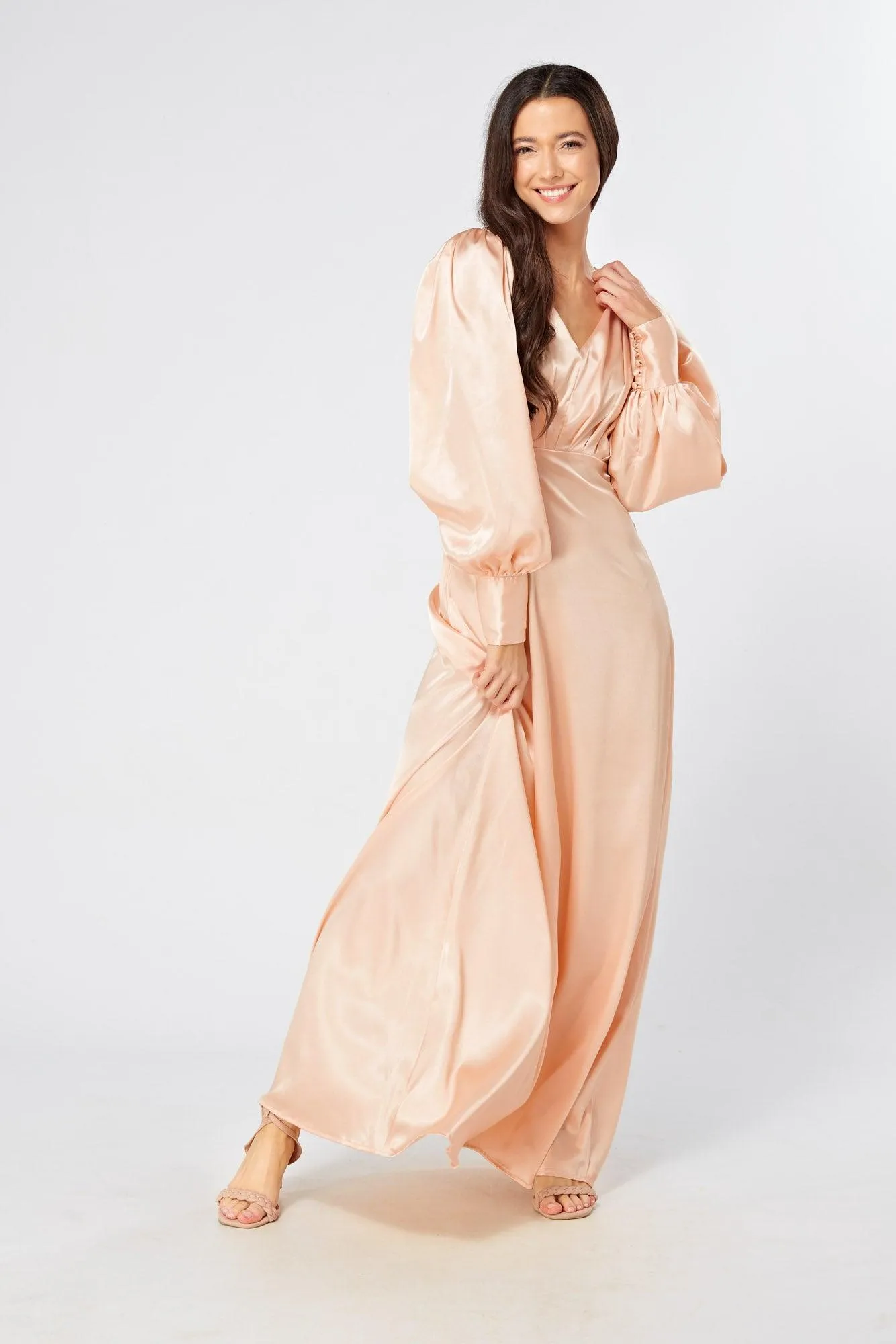 Daphne Peach Cream Satin Maxi Gown with long sleeves