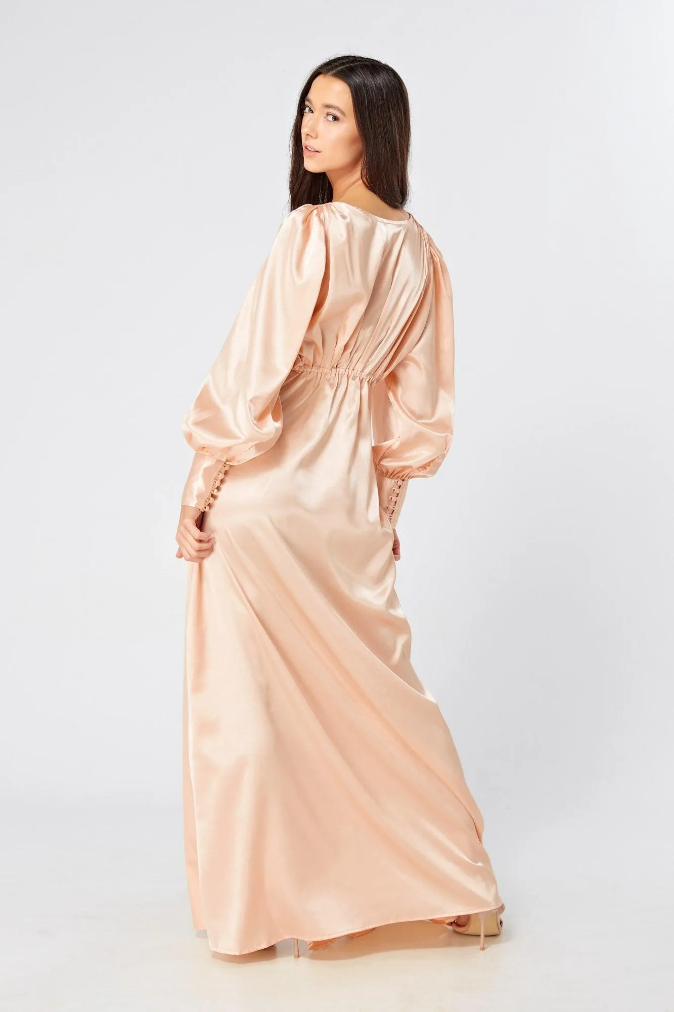 Daphne Peach Cream Satin Maxi Gown with long sleeves