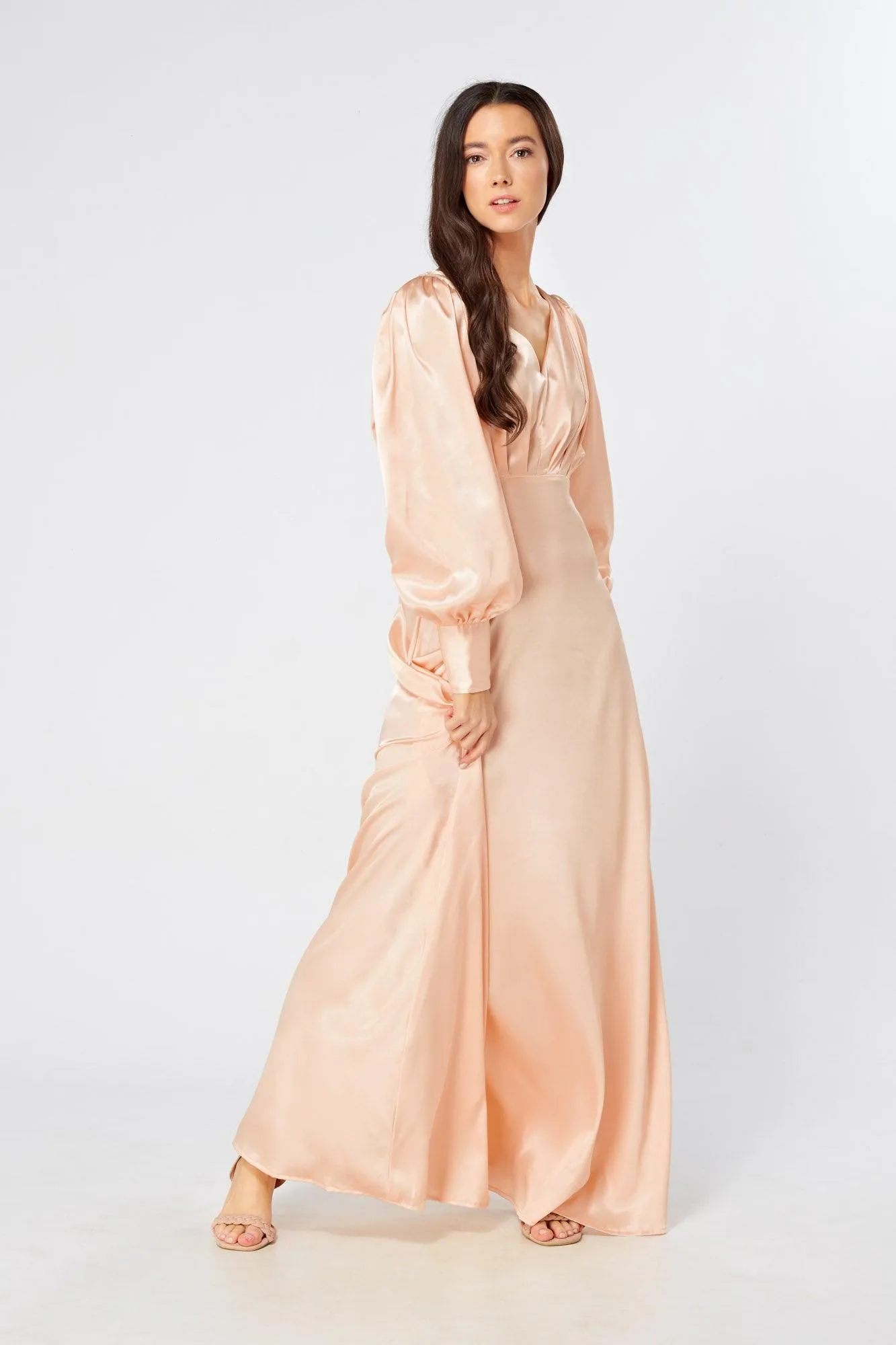 Daphne Peach Cream Satin Maxi Gown with long sleeves