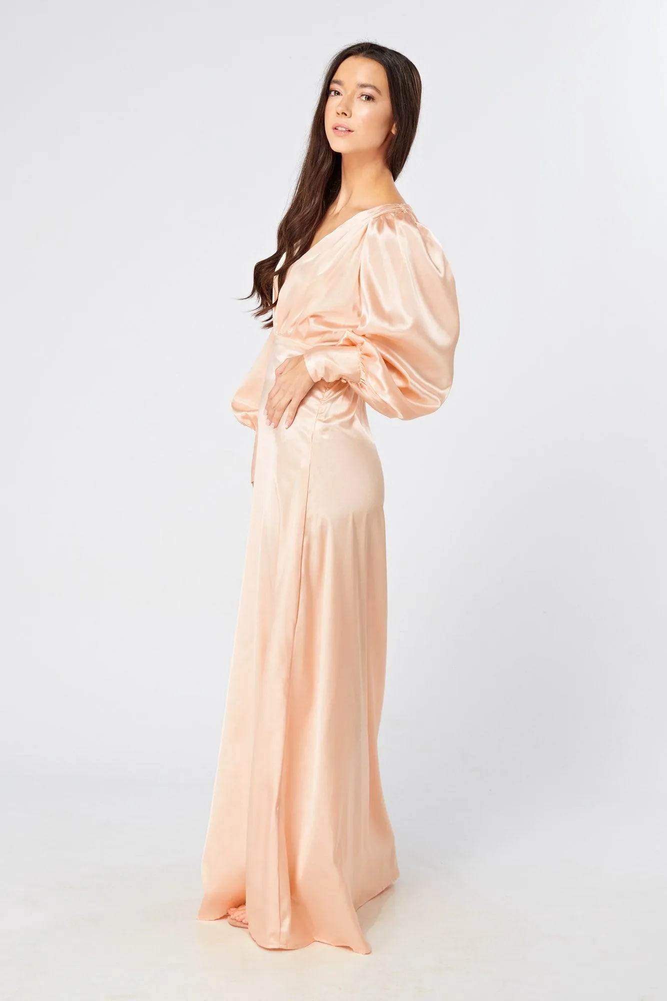 Daphne Peach Cream Satin Maxi Gown with long sleeves