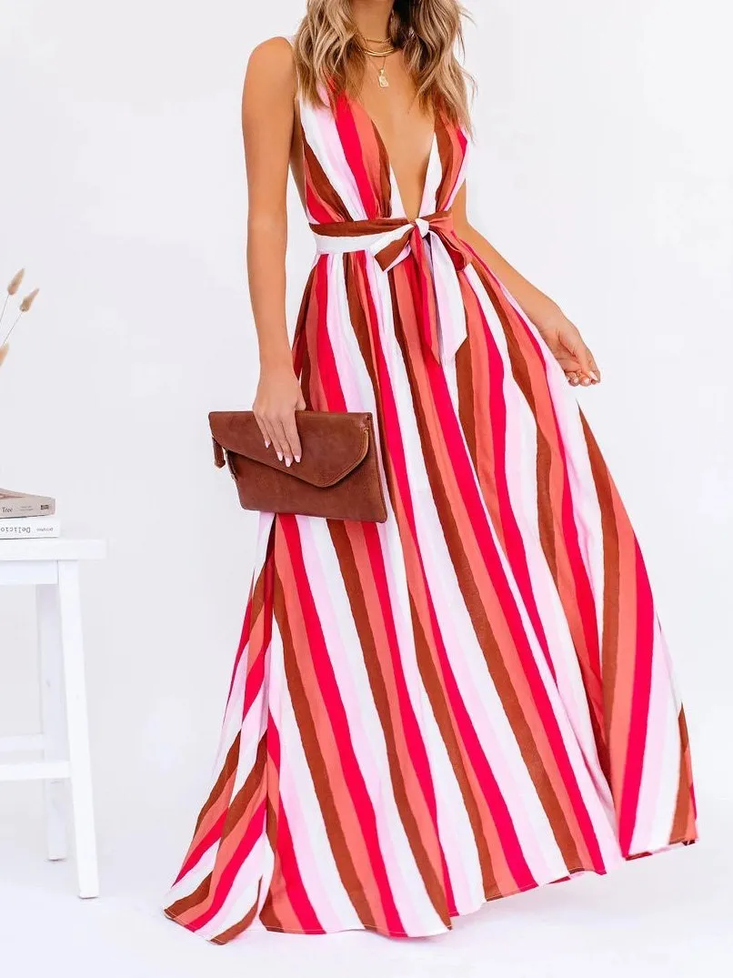 Deep V Striped Suspender Casual Dress