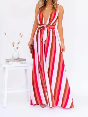 Deep V Striped Suspender Casual Dress