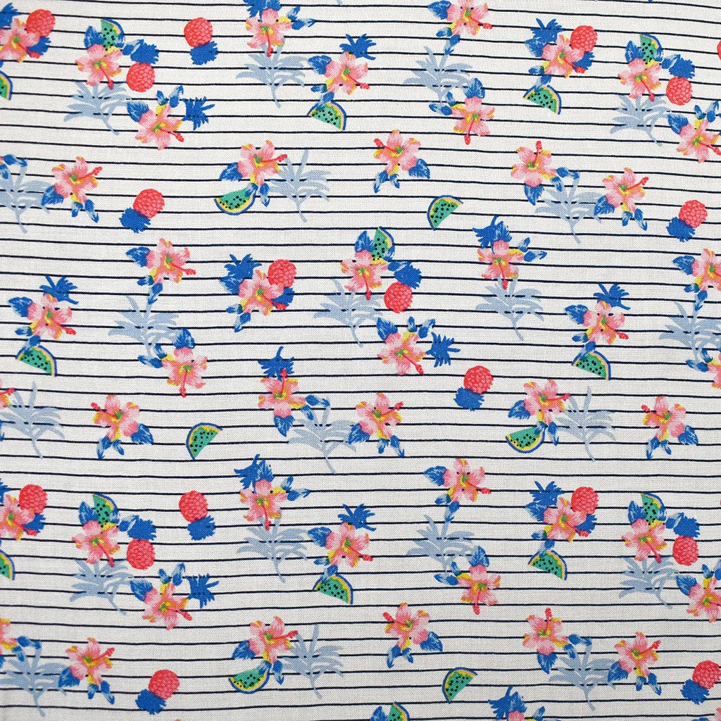 Designer Summer Fruit Pin Stripe Rayon Challis White/Blue