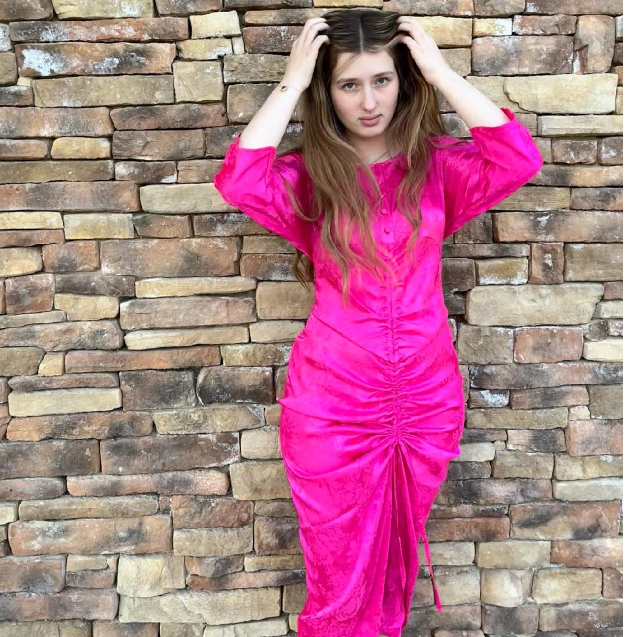 Drape Rouched Hot Pink Silk Dress