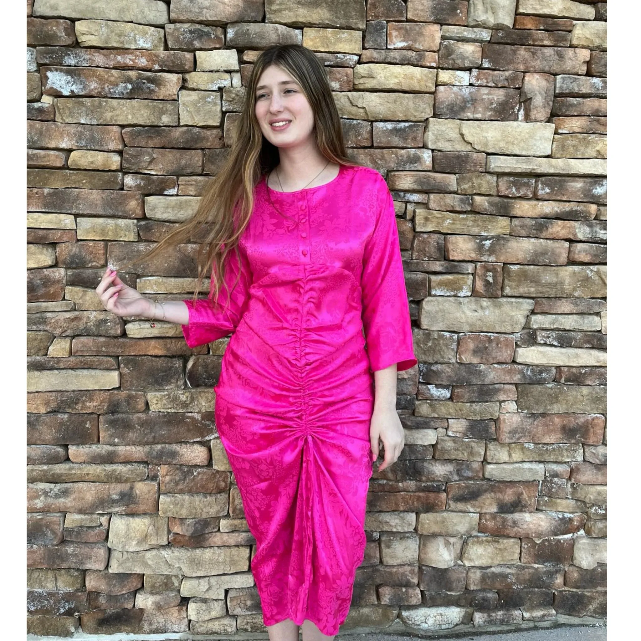 Drape Rouched Hot Pink Silk Dress