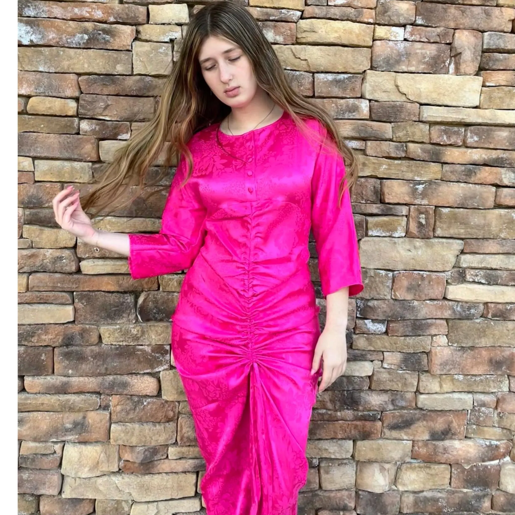 Drape Rouched Hot Pink Silk Dress