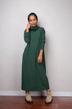 Forrest green dress, Mid length turtleneck dress, Tube dress, Long sleeve dress, knitted green dress