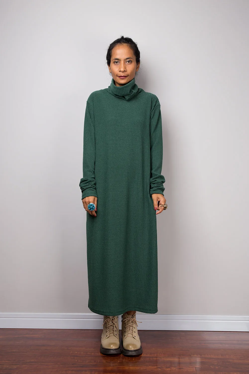 Forrest green dress, Mid length turtleneck dress, Tube dress, Long sleeve dress, knitted green dress