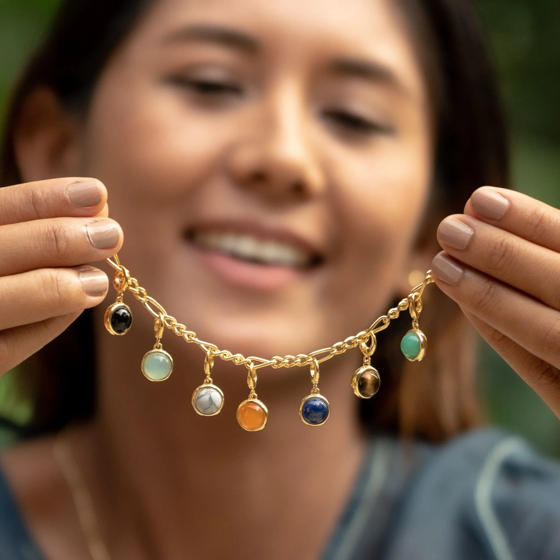 Gold Plated Healing Stone Figaro Charm Bracelet