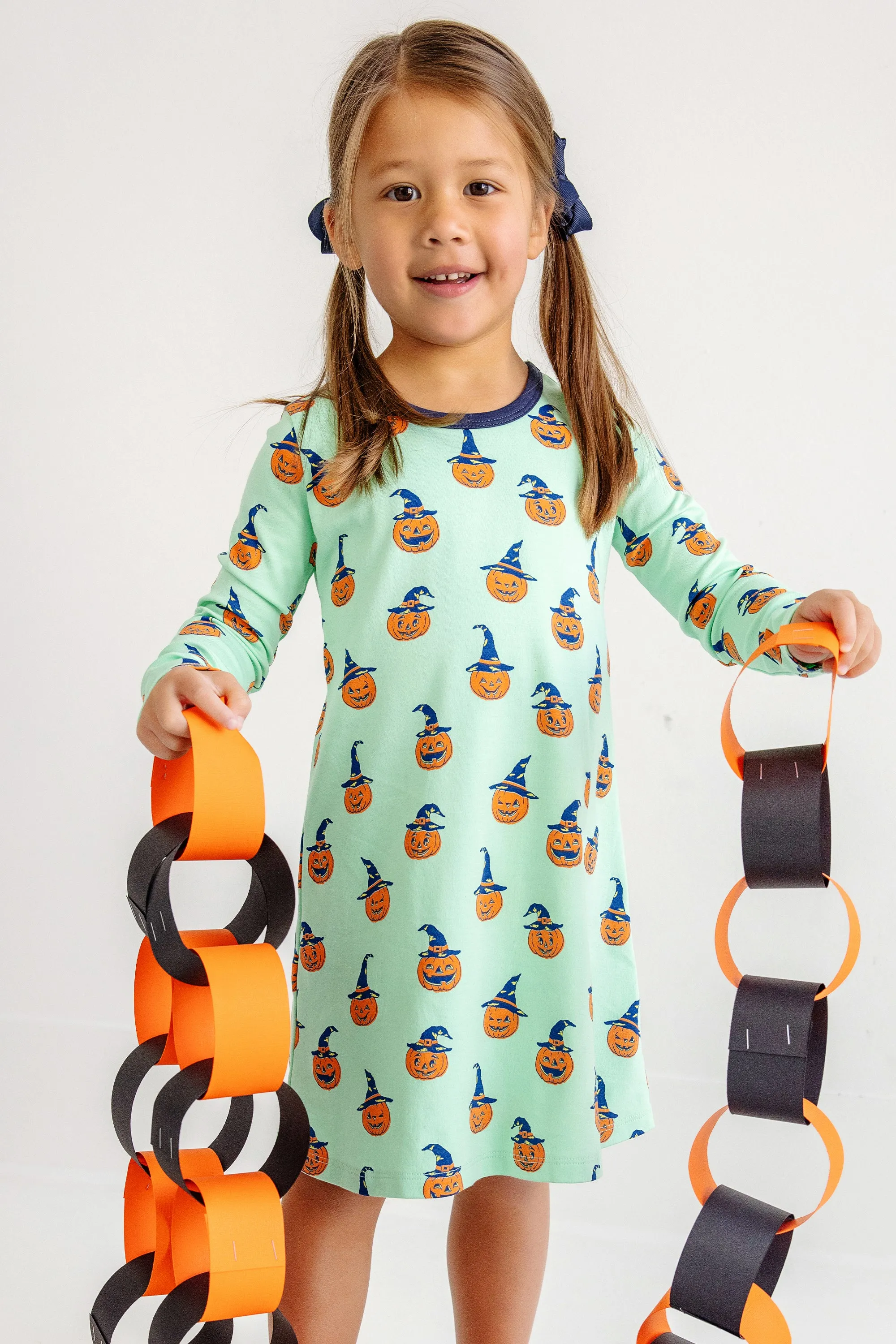 Long Sleeve Polly Play Dress - Olde Jolly Jack O' Lantern with Nantucket Navy