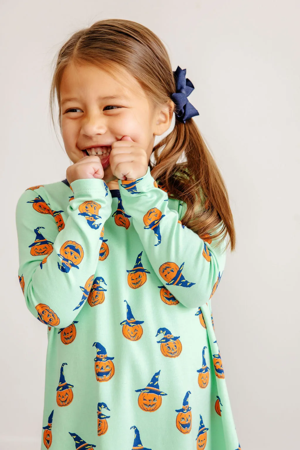 Long Sleeve Polly Play Dress - Olde Jolly Jack O' Lantern with Nantucket Navy