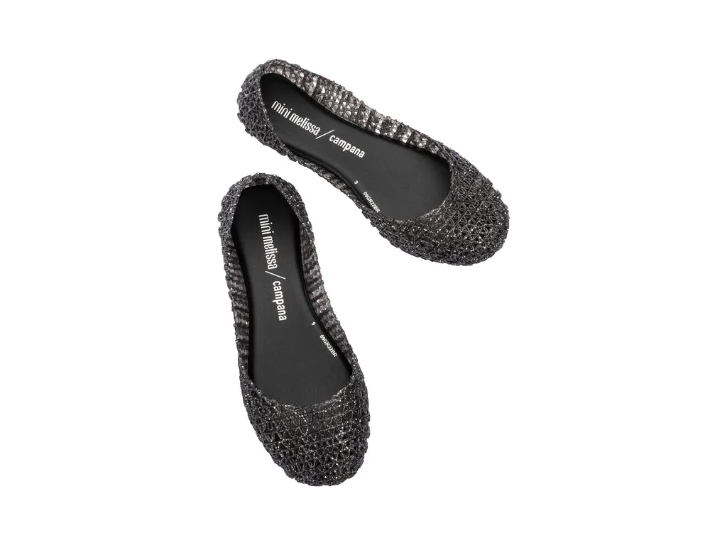 Mini Melissa Campana Papel Glitter Black Ballerinas For Kids