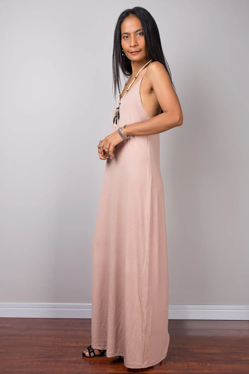 Nude dress, bodycon dress, long nude dress, party dress, soft brown dress, openback dress, spaghetti strap dress, sexy nude dress