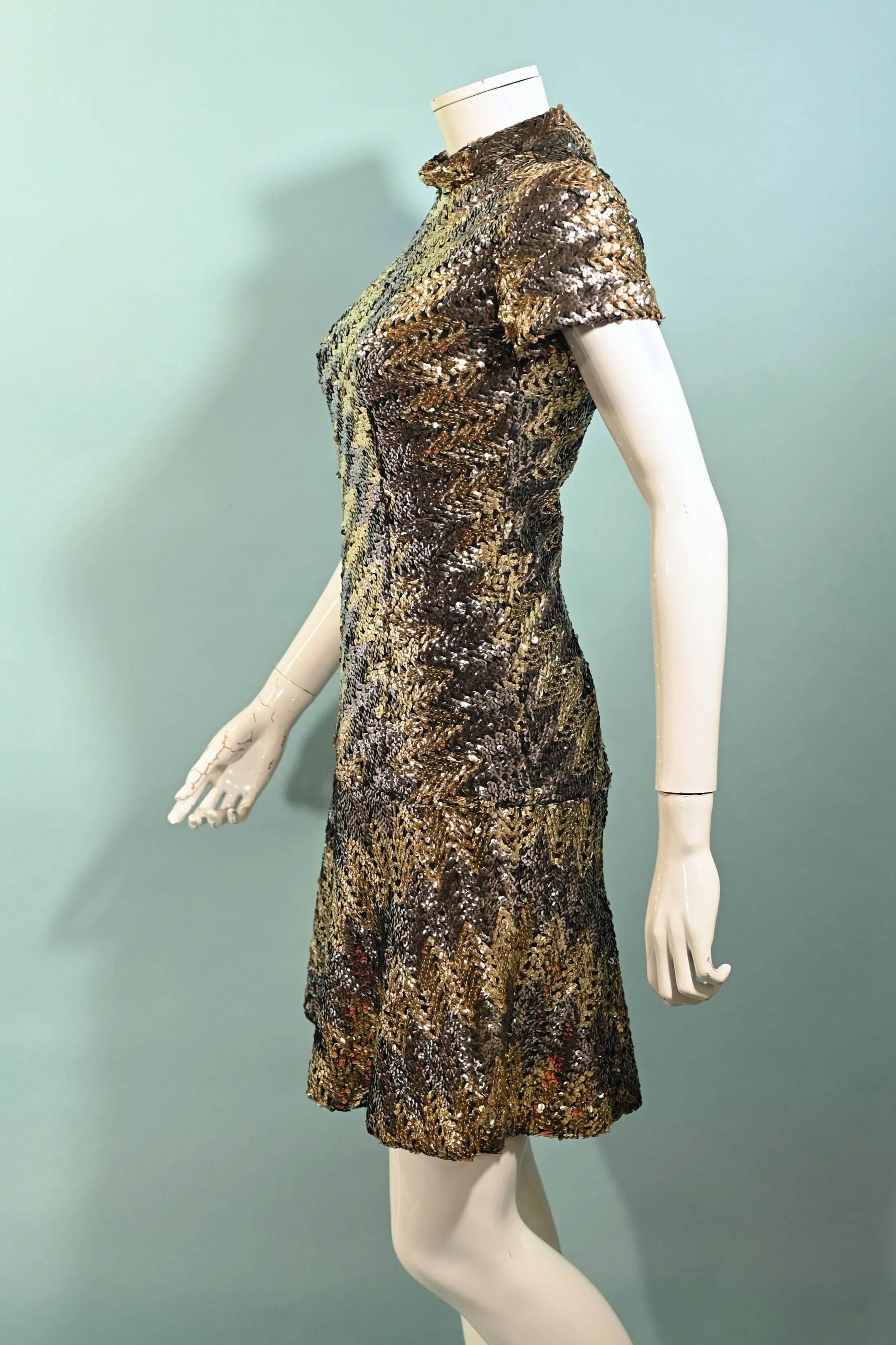 Pat Sandler 60s Mod Sequin Mini Dress, Silver/Gold Very Sparkly Party Dress S