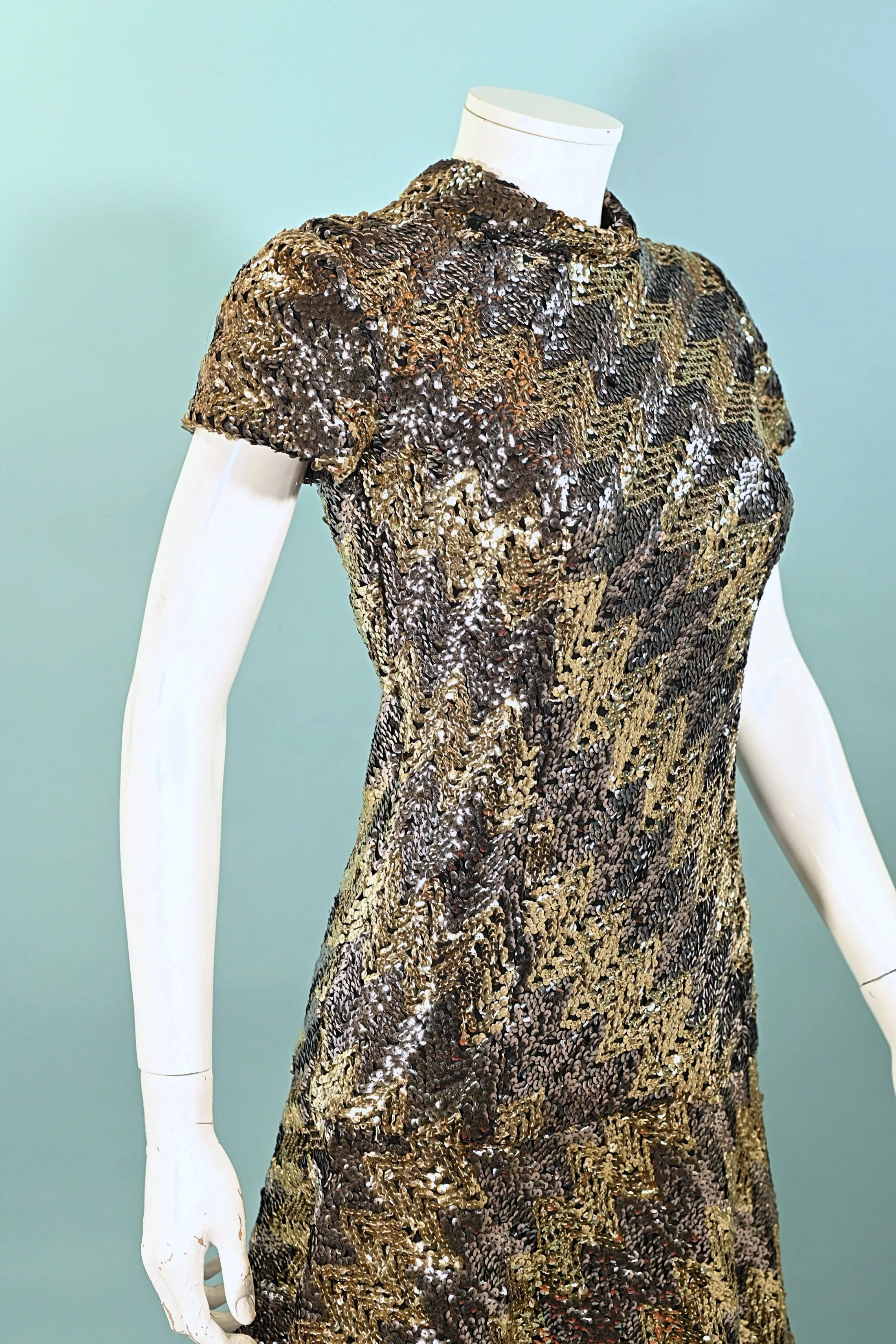 Pat Sandler 60s Mod Sequin Mini Dress, Silver/Gold Very Sparkly Party Dress S