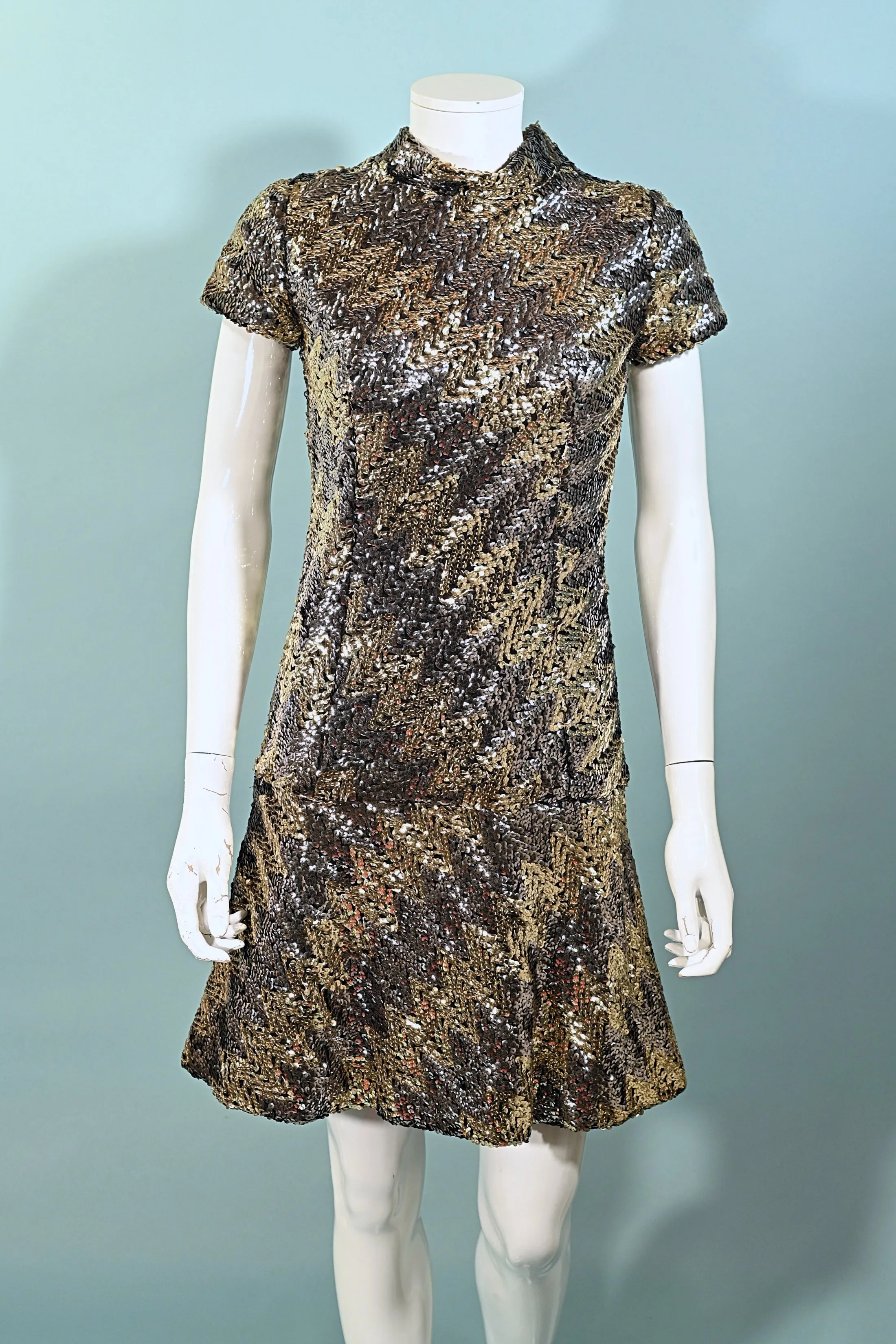 Pat Sandler 60s Mod Sequin Mini Dress, Silver/Gold Very Sparkly Party Dress S