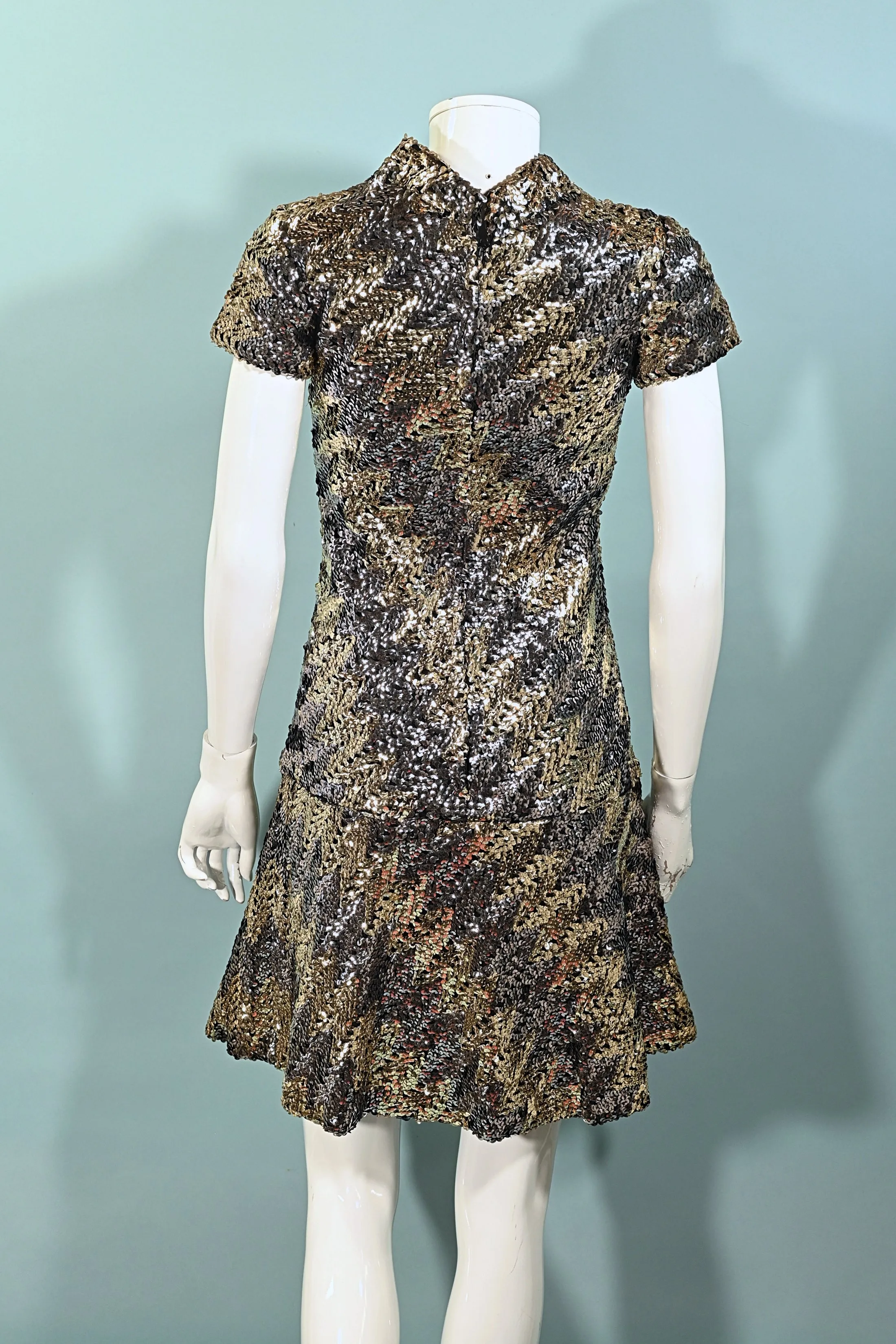 Pat Sandler 60s Mod Sequin Mini Dress, Silver/Gold Very Sparkly Party Dress S