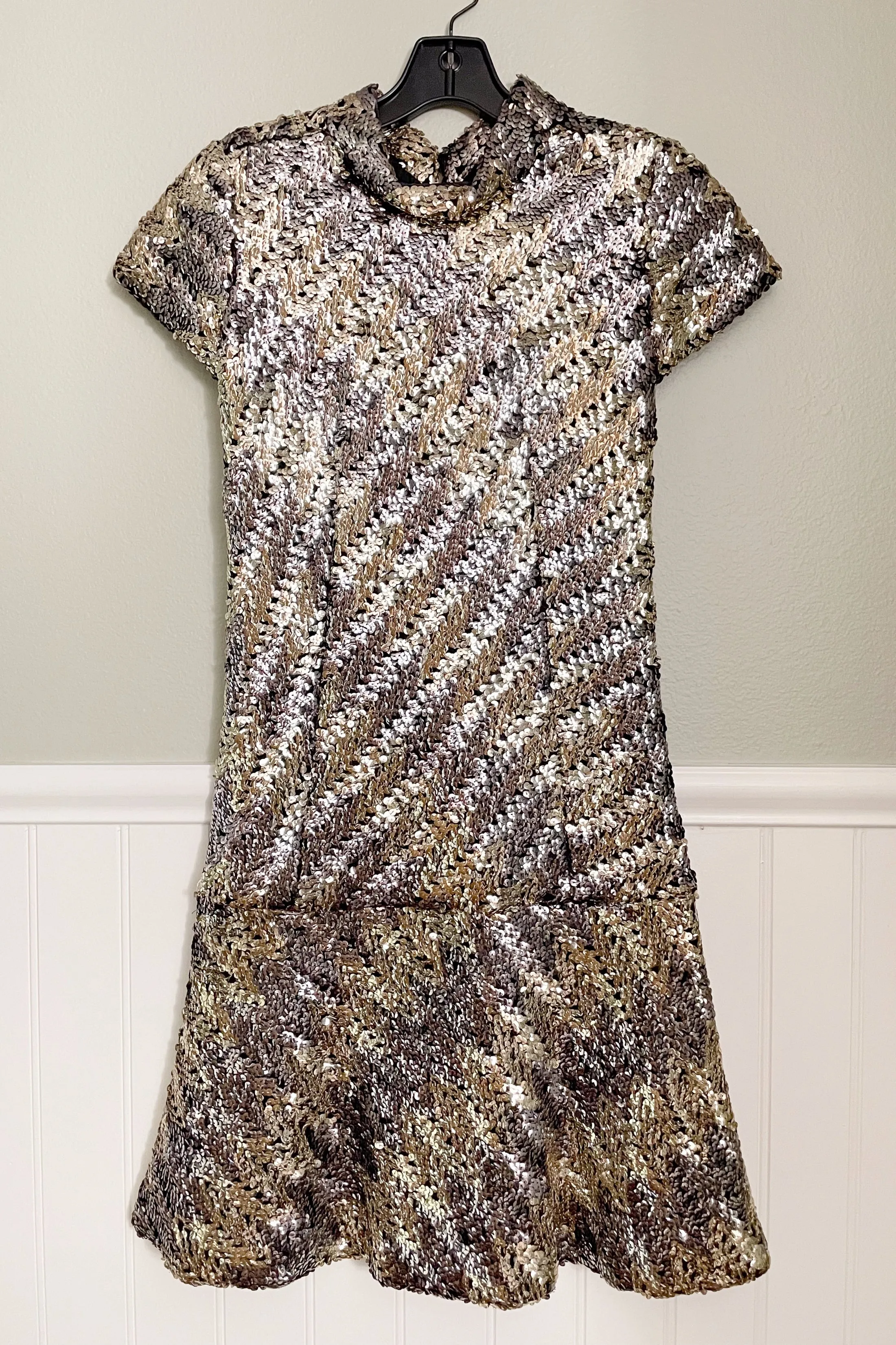 Pat Sandler 60s Mod Sequin Mini Dress, Silver/Gold Very Sparkly Party Dress S