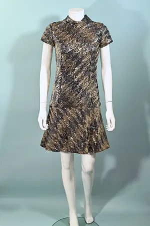 Pat Sandler 60s Mod Sequin Mini Dress, Silver/Gold Very Sparkly Party Dress S