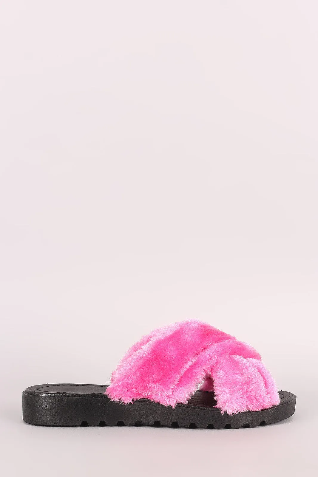 Qupid Crisscross Faux Fur Slide Sandal