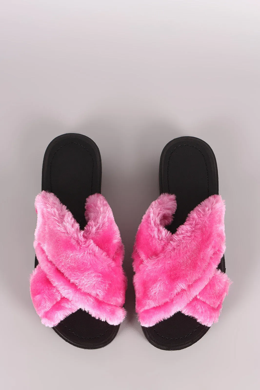 Qupid Crisscross Faux Fur Slide Sandal