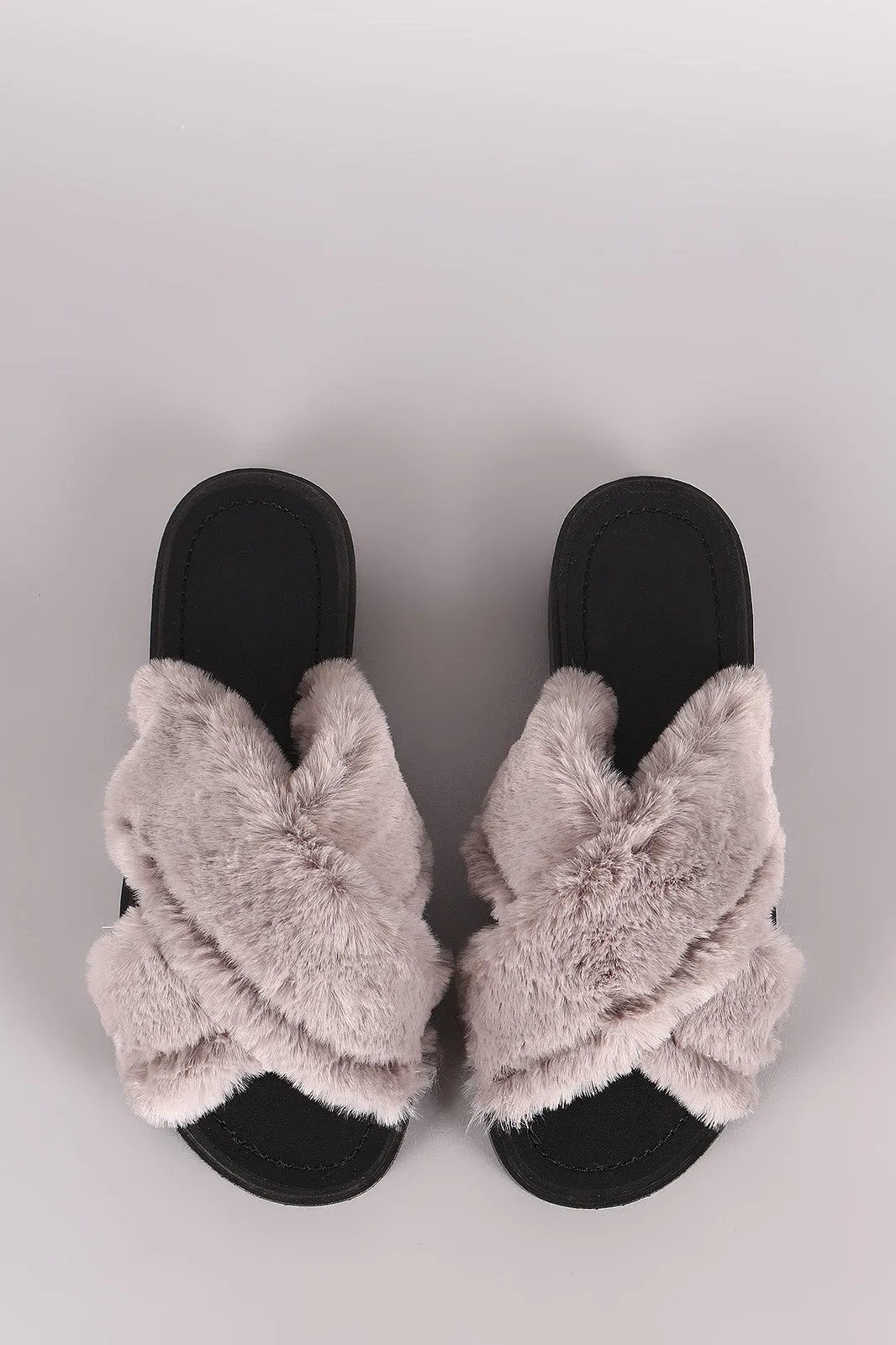 Qupid Crisscross Faux Fur Slide Sandal